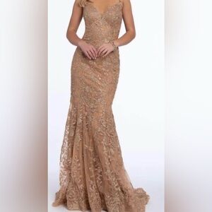Camille La Vie Gold Lace Evening Gown